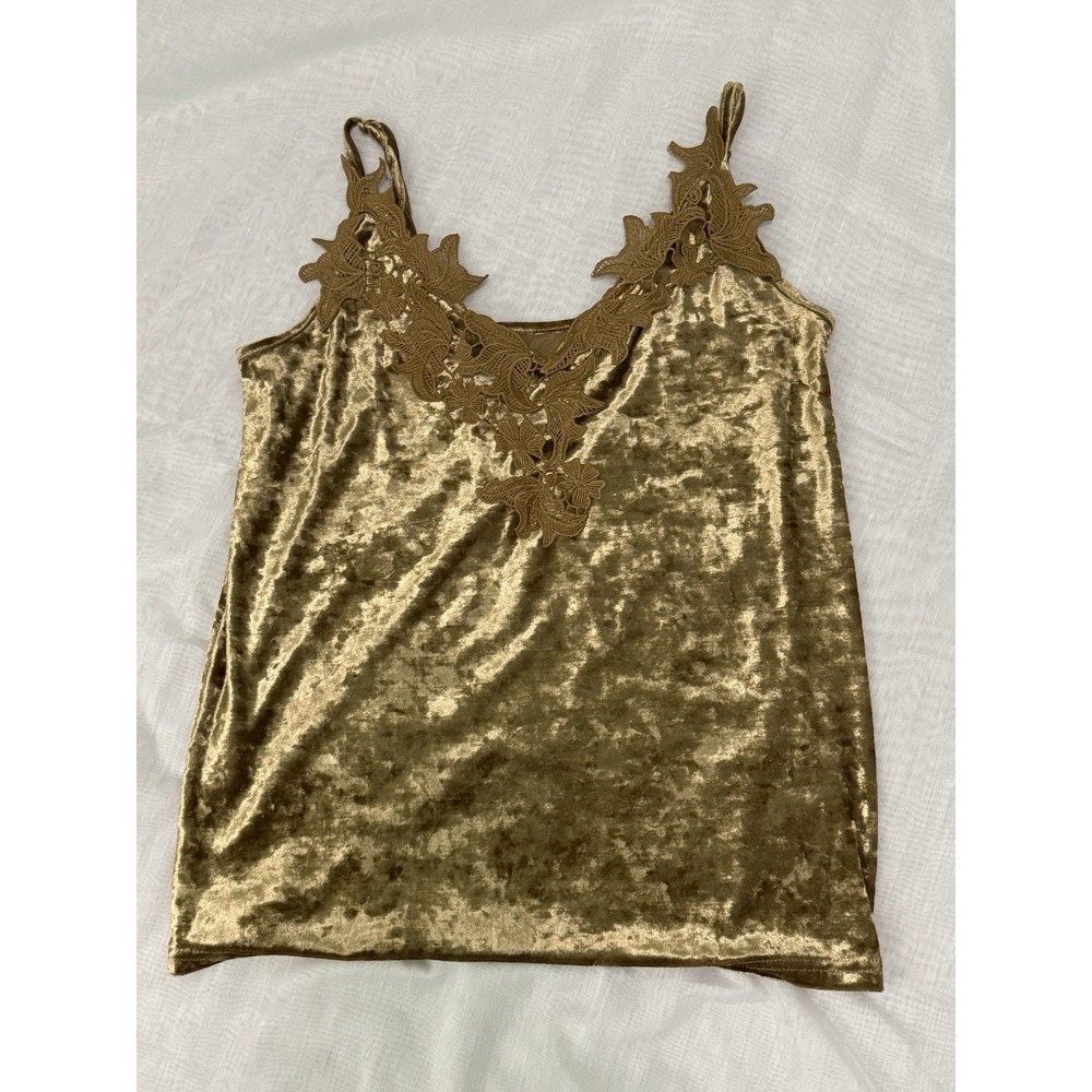 Golden Brown Velvet Camisole W/ Floral Lace Applique Women Sz M Wood Nymph Fairy
